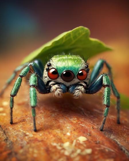 3d, Pixar style, cute little jumping spider, droopy eyes, vibrant colors, big expressive eyes, detailed textures, soft natural lighting, sad expression, playing with a tiny leaf, realistic shadows, fine details in the fur, ultra-quality, playful pose, enchanting setting, tiny legs and pedipalps, delicate web in the background, magical lighting, whimsical atmosphere, playful ambiance, detailed background, lush green grass, sunny meadow setting, (best quality, realistic:1.4)