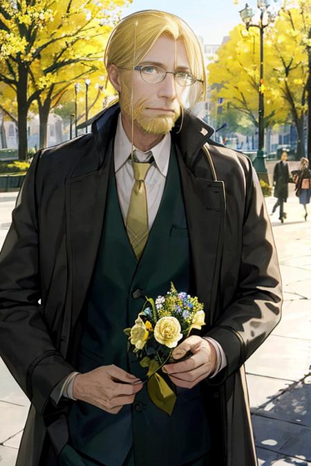 realistic, 1boy, <lora:Chara_van_hohenheim:0.8>,van hohenheim, upper body, yellow eyes, deep green necktie, blue vest, long coat, Spring, Park, flowers blossom, sun shining, people strolling.