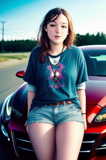 bellaramsey pretty, natural light, high fantasy, (wide-angle), colorful background, highly detailed, sitting on a car