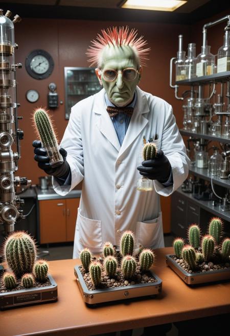 8k, uhd , dynamic action photograph ((The most insane but genius cactus)), ((The most insane but genius cactus) is wearing (a white lab coat), (a glasses with steampunk style additional amplifying lens), and (latex gloves)), ((The most insane but genius cactus), is also holding (a fluid filled specimen jar containing a mutant clone)) ((the fluid filled specimen jar containing a mutant is being held by the most insane but genius cactus))
<< BREAK >>
((interior of a retrofutuistic mad scientist laboratory),
[ (intricately detailed), (very detailed background), (full-length photograph), (double-exposures), (alternate reality)]
