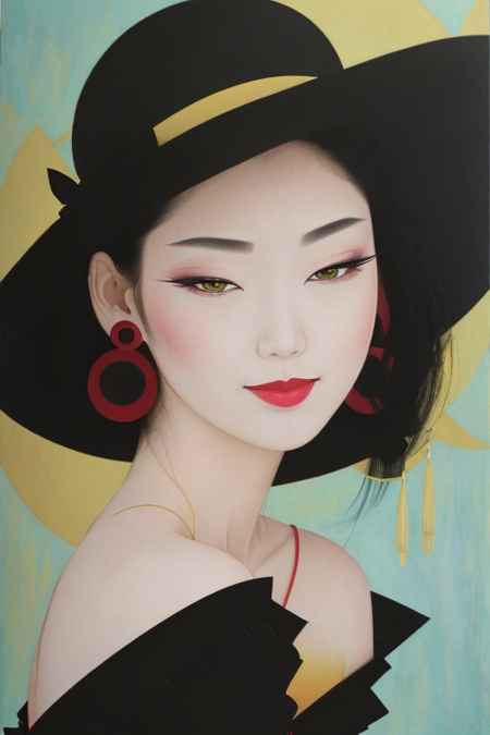 tsuruta ichiro, 1girl, solo, looking at viewer, smile, black hair, hat, dress, jewelry, earrings, aqua eyes, makeup, red dress, lipstick, yellow background, eyeshadow, (one eye covered), red lips,<lora:ichirotest-06:0.9>,