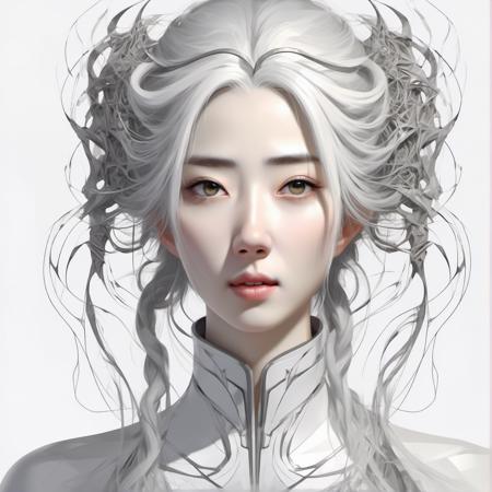 young woman as gwei, with gray and white tangled hair around the head, eyes opened, with a serious look, white background, (visual and abstract art)
Style: Fantasy Art