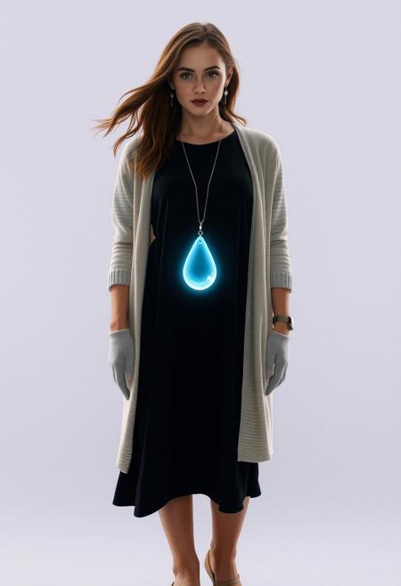 subdermal LED teardrop pendant, (internal LED glow:1.7), (embedded LEDs:1.8) forming a glowing teardrop shape beneath the skin, (soft, central light radiating outward:1.6), paired with (comfortable, stylish dress:1.4), (flat sandals:1.3), (light cardigan:1.3), (minimalist makeup with glowing skin:1.3), (natural hair flowing loosely:1.3), high-definition, (ultra-realistic textures:1.7), glowing teardrop light effect subtly integrated into the casual outfit, (worn jewelry:-1.8), (chains:-1.8), (external pendant:-1.8), (clunky design:-1.5), modern but subtle elegance, seamless and futuristic