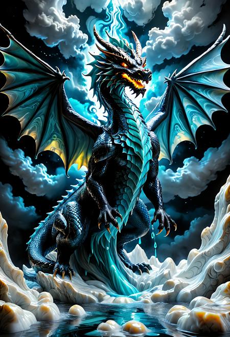 , majestic dragon made of swirling liquid marble, wings stretched wide and dripping glowing marble fluid, scales formed from polished stone with moving veins of color, glowing eyes, dynamic pose mid-flight, ancient sky with marble clouds, high contrast lighting, magical realism, ultra detailed creature design, powerful and elegant presence, full body, floating mid-air, cinematic perspective, fantasy concept art