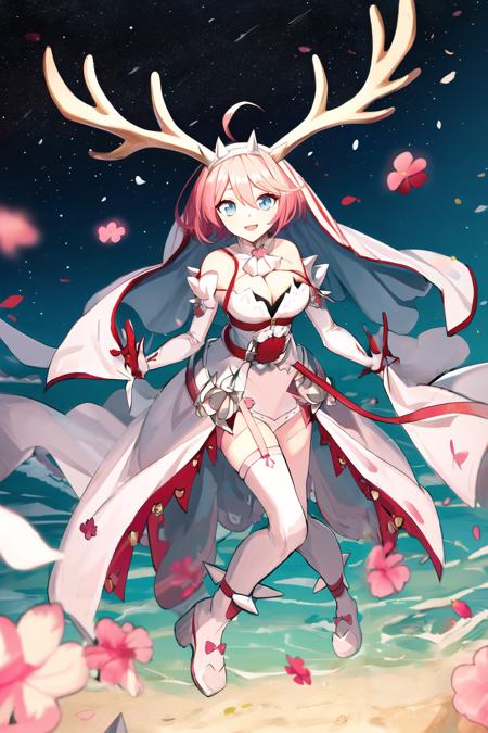 Masterpiece, best quality, 1girl, full body, outdoors, <lora:deerantlers-12:1>, deerantlers, <lora:elpheltValentineGuilty_20:.8>, elphelt valentine, blue eyes, pink hair, ahoge, short hair, light smile, cleavage, bridal veil, spiked hairband, juliet sleeves, red gloves, clover, shoulder spikes, red belt