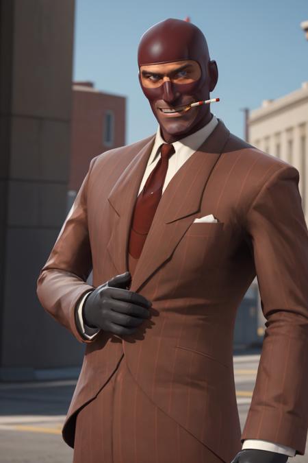 masterpiece, solo, upper body, tf2spy, red team, cigarette, detailed eyes, red suit, red necktie, glack gloves, smiling, detailed background, outdoors, looking at viewer, <lora:spylorav1:0.8>