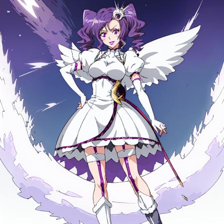 Cirucci_Sanderwicci, 1girl, solo, hair ornament, white dress, purple hair, knee boots, elbow gloves, white dress, puffy short sleeves, makeup, lipstick, short twintails, purple lips, wings, black boots, facial mark