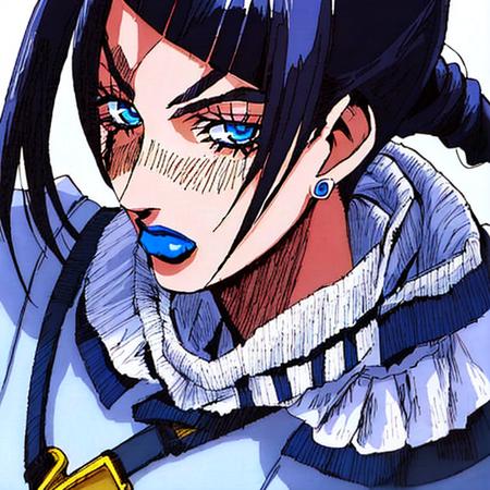 StoneOcean, 1girl, blue eyes, black hair, solo, blue lipstick, middle length hair,