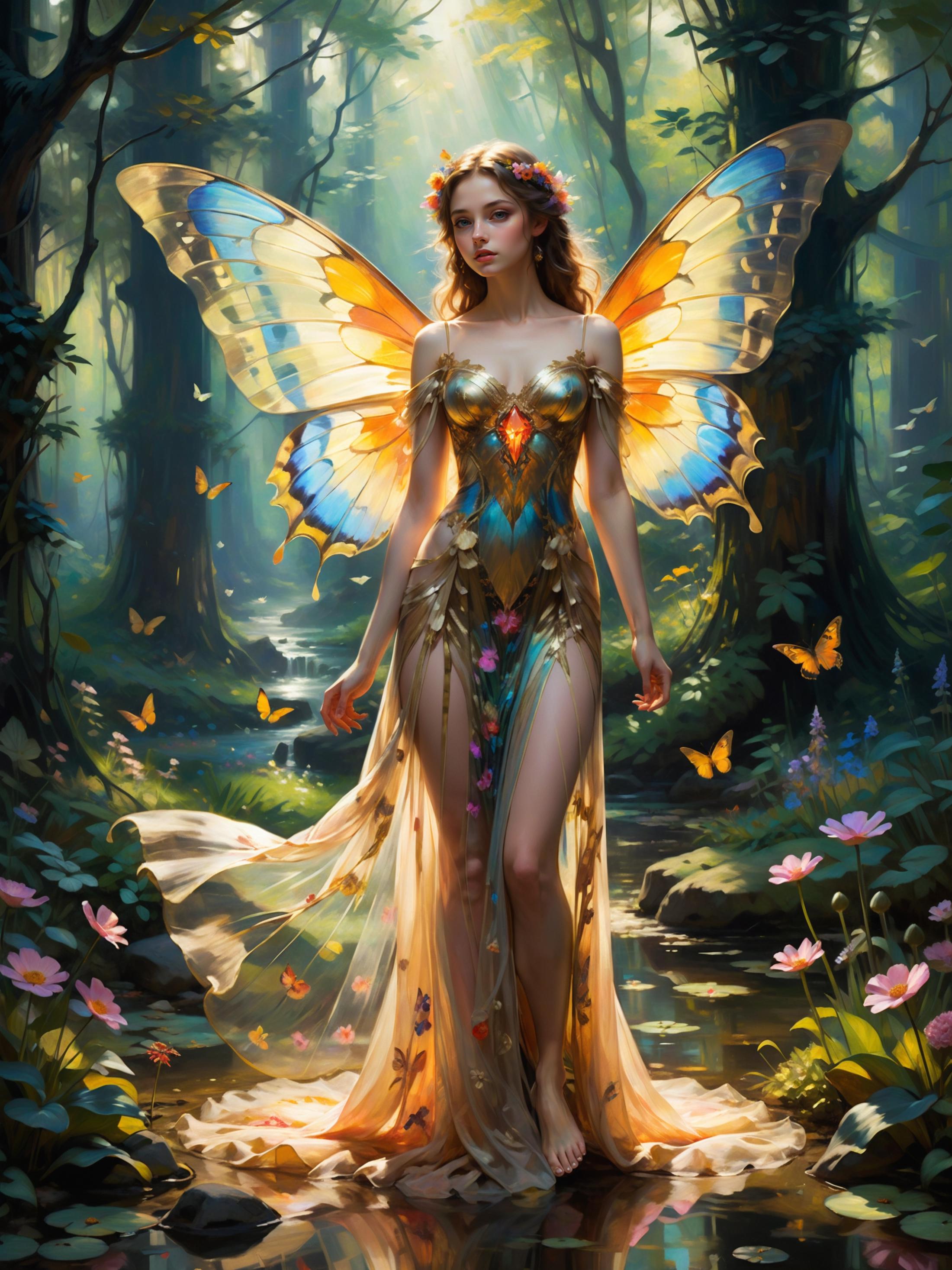 Fantasy Artwork of a Beautiful Fairy with Wings and a Dress.