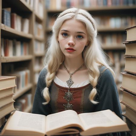 highly detailed analog photo of vendor (books), 

1girl, medieval store, blonde hair, white hair, jewelry, solo focus, necklace, blurry, lips, looking to the side, ((cute face)),
book, depth of field, blurry background, freckles, 

depth of field, blurry background, 

masterpiece, best quality:1.1, realistic:1.1,

depth of field:1.1, 
(analogue photography:1.2),


