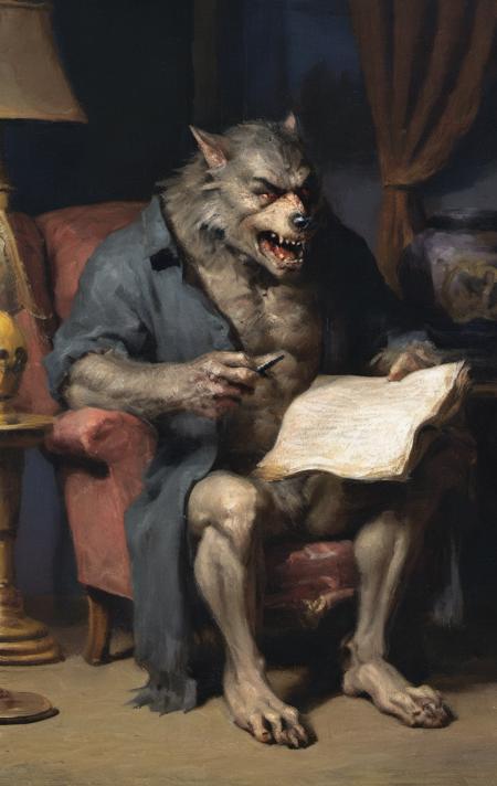 werewolf reading a script for a television role by ClassipeintXL