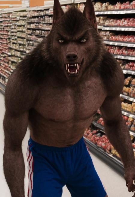 werewolf, werewolf of fever swamp, blue shorts, white and red stripes, claws, hand, fcNeg, front view, facing you, toe_claws, snarling, in a supermarket aisle, closeup