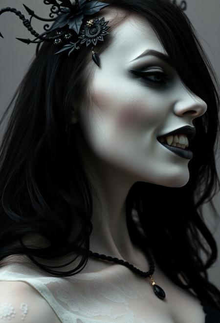 Close Up shot, Side view of a dark princess, pale sking, pale lips, vampire fangs, standing pose, in the style of infernal fasion, otherworldly beauty, infernalpunk, queencore, ornamented age aesthetics, coal and black, photography studio style