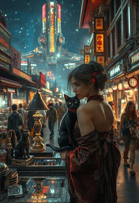 Setting is a futuristic cyberpunk street market at night, the market is comprised of street vendors selling robot parts, food, weapons, and robot pets. People wearing futuristic cyberpunk clothing are walking through the street market shopping and eating, A sleek black cat with red collar sits on a cluttered metal riveted desk with transparent top and micro-LED lighted computer components visible inside, On the desk is an ebony and gold maneki neko statue and a classic ornate art deco lamp, (((a beautiful woman, 24 years old, is standing in the foreground facing the viewer))), the sleek black cat with red collar is sitting on the desk and watching the people walking by in the busy street market, the woman is dressed in futuristic cyberpunk Japanese style kimono-style clothing that are sexy and Japanese classic aesthetic. An enormous art deco inspired starship with futuristic lighting and an enormous space station are visible in the background among the stars, The woman's hair is elegantly tied up with a ribbon. Artistic cyberpunk, dynamic perspective, (((overall architectural aesthetic is Art Deco Cyberpunk))).  Epic image that elicits a feeling of wonder and awe, part of the interior is visible,