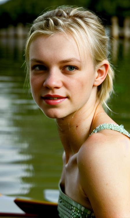 portrait photo of amysmart  sitting in a canoe on a peaceful lake beside the shore, (masterpiece), (best quality), (detailed), (8k), (HDR), (wallpaper), (cinematic lighting), (sharp focus), (intricate), (closeup)