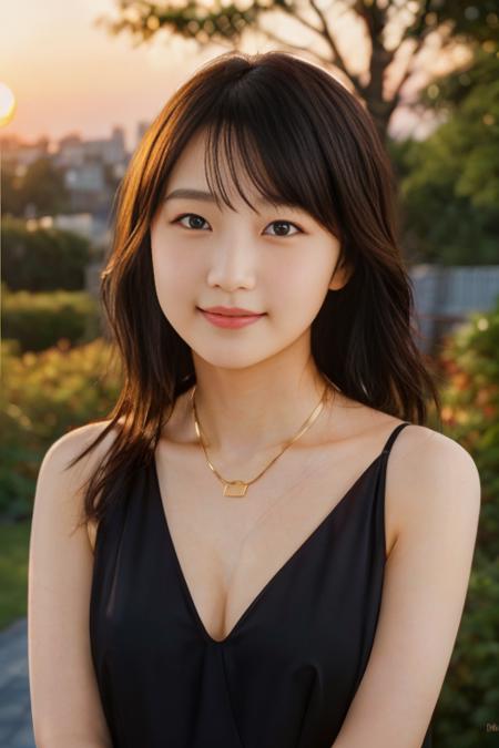 masterpiece, <lora:Sayash1.Riho:0.85>, (highly detailed skin), sunrise,(golden hour),outside, casual, (realistic face), close-up, necklace, (black dress:1.1), slight smile,