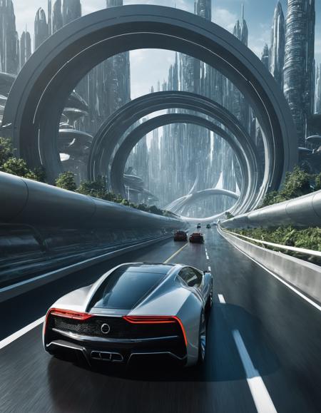 <lora:Zoom_Cars:1>,Cornelisz Hendriksz Vroom,vehicle,car,driving,<lora:Metroplex-Futuristic-000006:1>,futuristic city backgrond,futuristic city scape,stunning sci-fi concept art,a futuristic city with a large circular tunnel,