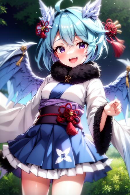 1girl, japanese clothes, kimono, wings, fur trim, open mouth, purple eyes, fur-trimmed sleeves, fur collar, wide sleeves, solo, white kimono, smile, sash, hair ornament, obi, fur-trimmed kimono, skirt, animal ears, long sleeves, fang, feathered wings, blue hair, blush, ahoge, outdoors, looking at viewer, eyebrows visible through hair, pleated skirt, blue kimono, floral print