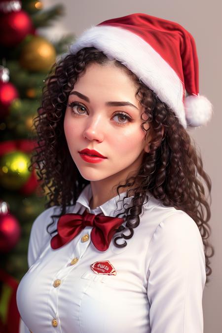 photo of a woman,brittanyv:0.99,((pale skin)),(curly hair), ((bowtie, shirt, christmas hat):1.2),((closeup, portrait):1.2),((christmas decorations):1.2), ,((red lipstick, eyeliner,  eye shadow, blush):1.2), ((best quality, masterpiece, extreme details, high resolution):1.2),((detailed eyes, beautiful eyes, detailed face, beautiful face):1.2)