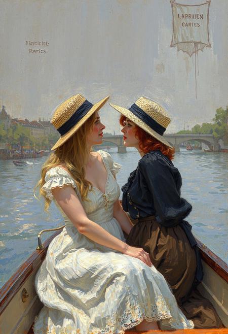 lesbian lovers in a boat on the Seine, 19th century Paris, in the Impressionist style of Renoir, blonde, brunette, copper hair, French boater hat, English boater hat, slim, full figure, 18yo, 35yo, dress, blouse and skirt