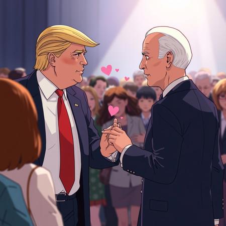 Beautiful anime romance scene, Studio Ghibli style artwork, Donald Trump and Joe Biden walking and crossing paths, trump and biden brushing hands in a crowded debate room hall as they walk past each other, they both blush, small sparks and hearts around their hands that are touching, Focus on trump and biden, the other people in the crowd are out of focus, spotlight on trump and biden, trump looking back at biden longingly, pink filter on the spotlight, a small heart and spark between their eye contact, trump has sparkly eyes, angsty romance and forbidden love theme