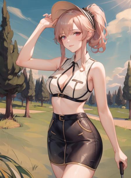 1girl,masterclass,best quality, illustration,  outdoors,cowboy_shot,  standing,ClemenceauGolf, collared_shirt, white_shirt,pencil_skirt,cleavage, ponytail,   sleeveless_shirt,    visor_cap,  white_headwear,  <lora:clemenceau_d8_v2_e6:1>