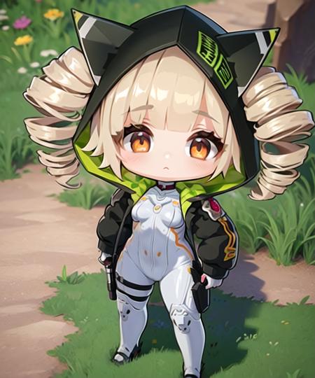 masterpiece, best quality, <lora:Shiro768V10:0.7>, 1girl, shirotof, blonde hair, drill hair, twintails, brown eyes, bangs, black hooded jacket, hood up, animal hood, cat hood, hair through headwear, white pilot suit, body suit, from above, grass, standing, :<, <lora:GT640V1:0.6>, chibi