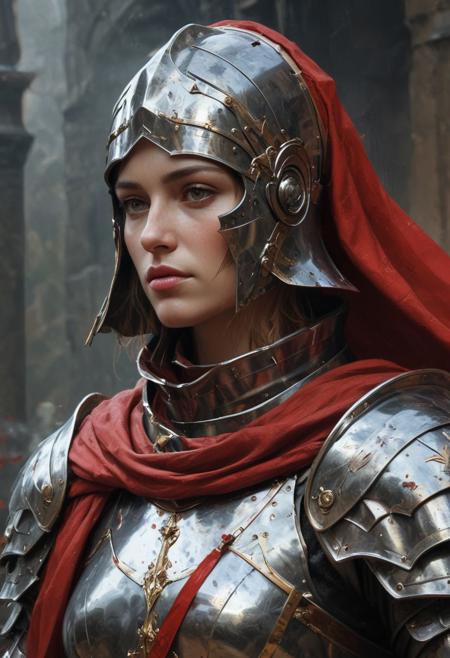 Jeanne d'Arc, steel armour, red robe, digital painting style by Aleksi Briclot