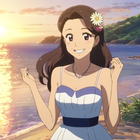 anime screencap in mnst artstyle of a 25 year old woman wearing summer prom dress, beach, sundown, smiling, flower in hair, hd, 4k, high-quality