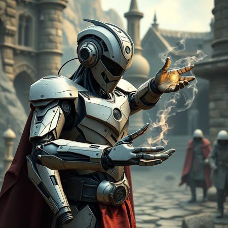 highly detailed, a high-tech robot in a medieval world conjuring a spell, the robot contrasts with the world around it