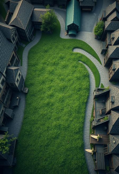 A top-down rpg map view of a large  grass covered patch verdant by a fantasy town street, staring directly straight down at the floor, winding streets and alleyways (perfect RPG combat map) of a dockside street with buildings and the river (masterpiece cozy hyperrealisitic, medium format photography, muted colors, soft focus,  accurate proportions,  high quality, detailing, textures)