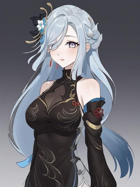 shenhe is a girl with light blue hair and blue eyes,She is wearing the "Lenghuayoulu" outfit which includes black china dress and black black sleeves,