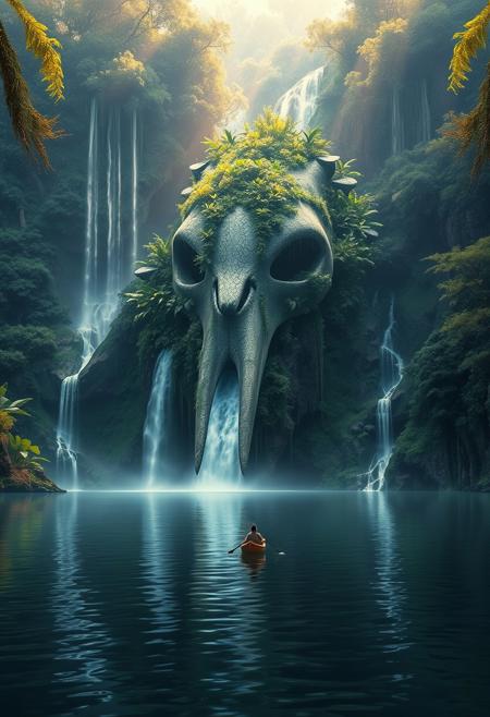 cinematic, serene natural scene, a person in a small boat on a calm body of lake, an impressive waterfall cascading down from a giant creatureâs skull with lush vegetation growing around it, The skull should be seamlessly integrated into the landscape, ethereal and mystical atmosphere, Sunlight should filter through the canopy above, highlighting the tranquil and otherworldly quality of the scene, beautiful reflection, realistic, <lora:sdxl_lightning_8step_lora:1>, <lora:zavy-cntrst-sdxl:1>, <lora:SDXLFaeTastic2400:0.5>, <lora:Warm Lighting Style:0.4>, <lora:MJ52:0.4>