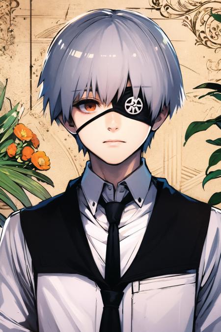 solo, 1boy, male focus, eyepatch, kaneki ken, white hair, necktie, shirt, flower, black necktie, collared shirt, white shirt, short hair, bangs, closed mouth, <lora:Ishida Sui:0.8>