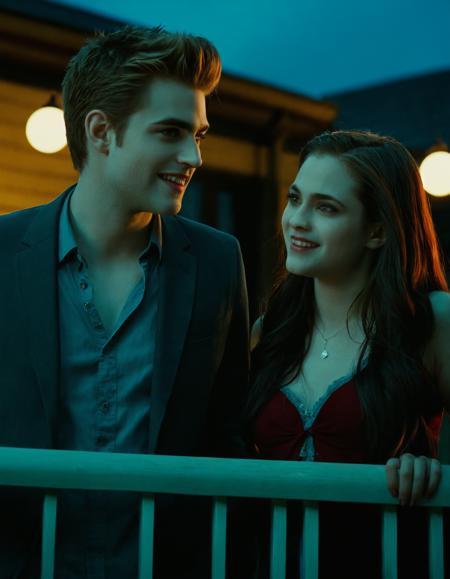 cinematic photo <lora:twilight:1>,twilight,still,promotional,movie,vampire,beautiful,twlight,portrait,eyes,, masterpiece, anime style, sharp, prompt . ,vibrant, colorful, a couple of people that are standing on a balcony together and laughing together and looking at something in the distance [2], . 35mm photograph, film, bokeh, professional, 4k, highly detailed