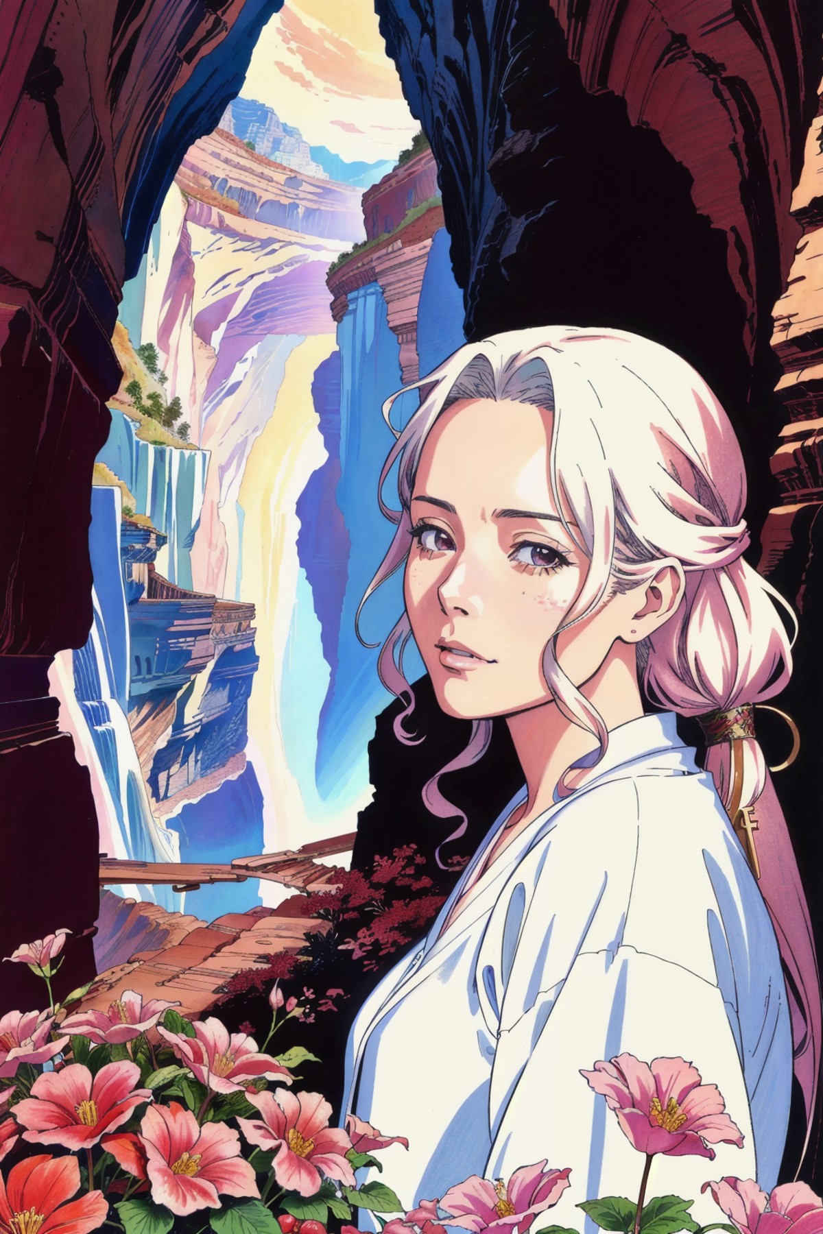 Close-up photorealistic highly detailed 8k raw anime artwork, A Venezuelan old woman in a Gorges and Canyons landscape, Ho...