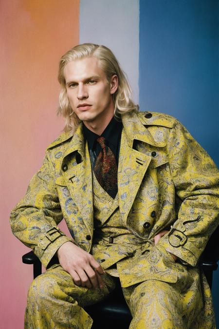 a painting of a man sitting in a chair, as fashion editorial 90s, medium yellow blond hair, style of stanley donwood, photographic style of avedon, inspired by Csaba Markus, photo of, colour print, trench coat and suit