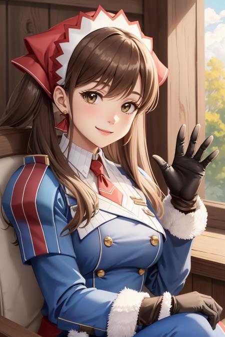 masterpiece, best quality, alicia melchiott, headdress, red necktie, military uniform, gloves, blue thighhighs, sitting, upper body, waving, smile, closed mouth <lora:alicia-nvwls-v1-000009:0.9>