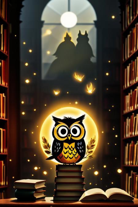 Cartoon Owl Librarian in a Real Library
An elderly cartoon owl with half-moon glasses sits atop a stack of glowing books inside a grand real library hall. Warm golden light reflects off wood and glass. Magic particles float around as the owl turns a page mid-air.
