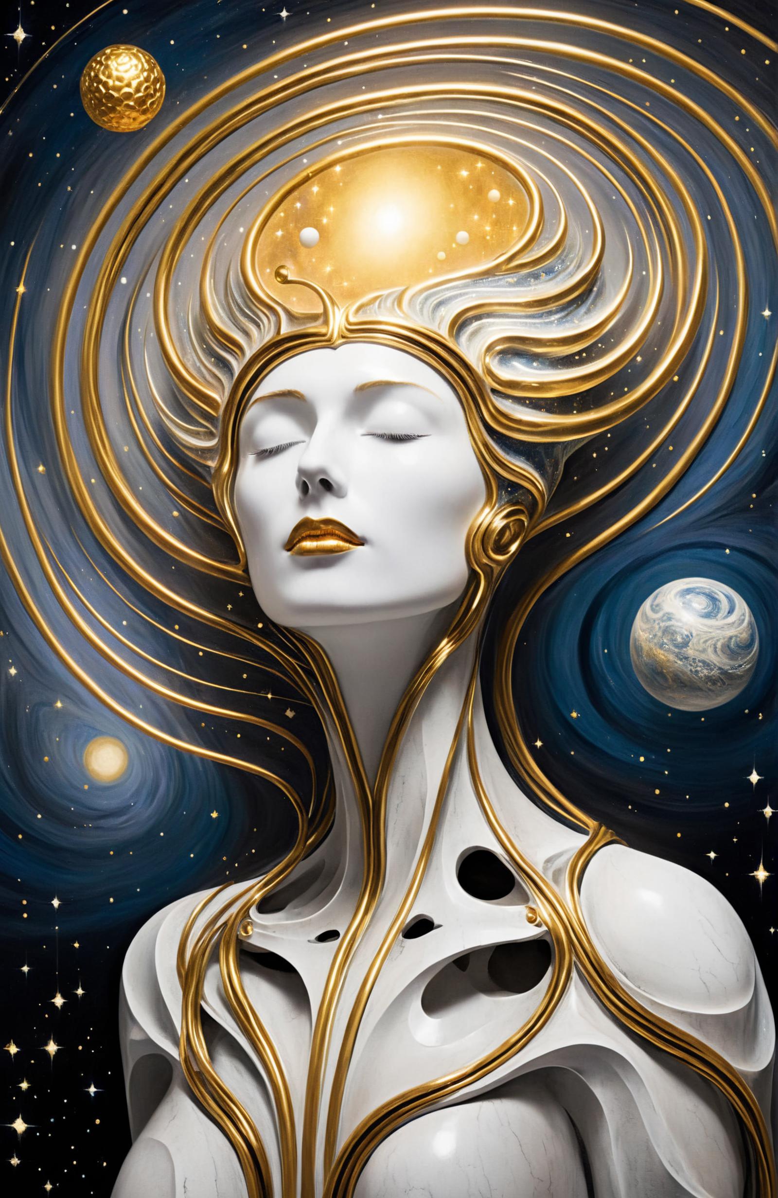 A Gold Statue of a Woman Sleeping with a Planet in the Background