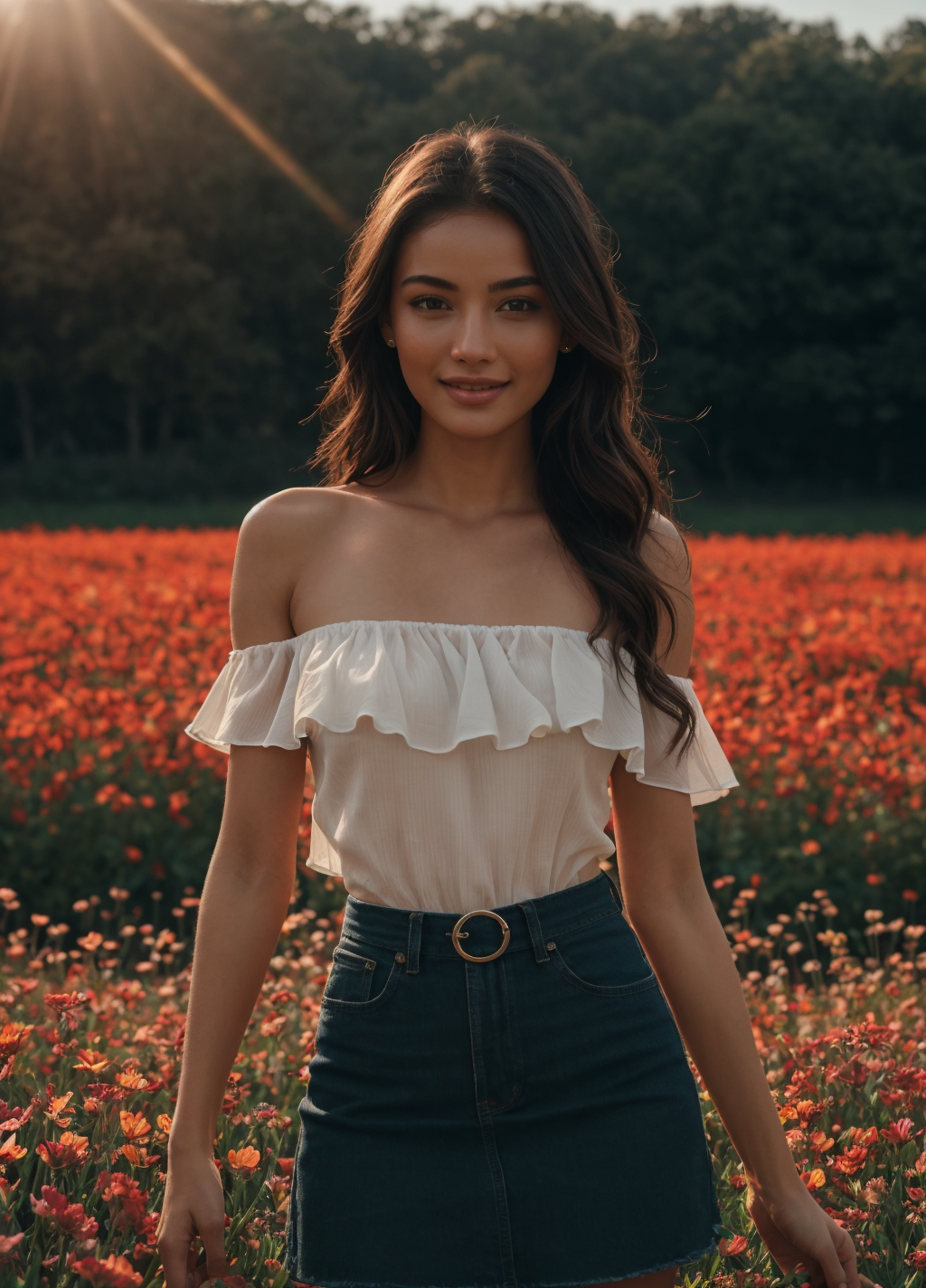 1Girl, (32K resolution, masterpiece, ultra high quality, best quality, ultra high definition, perfect anatomy, Incredibly detailed, RAW, ultra super realistic, photorealistic, cinematic lighting, exquisitely detailed, extremely intricate, 8k UHD, high resolution), (1girl), cropped  off-shoulder tank top,  skirt, elegant hair, standing in the middle of a flower field,  seductive smile, dynamic vivid colors