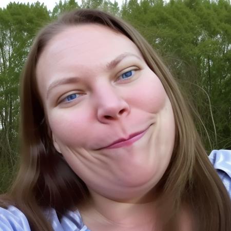 grin, shirt, long hair, looking at viewer, Woman, outdoors, closed mouth, blue eyes