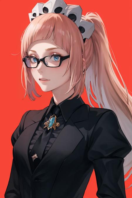 masterpiece, best quality, 1girl, solo, <lora:felicia-fe-richy-v1:1> feliciarnd, allblacksuit, <lora:attire_allblacksuit-12:1> glasses, (maid:0.5) headdress