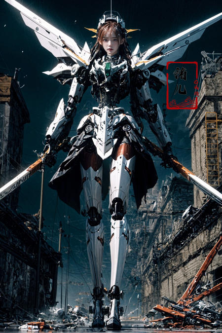 Mecha(dramatic, gritty, intense:1.4),masterpiece, best quality, 32k uhd, insane details, intricate details, hyperdetailed, hyper quality, high detail, ultra detailed, Masterpiece, super vista,
Epic CG masterpiece, Asuka Langley Soryu,hdr,dtm, full ha, in the style of mecha anime, like a god The dancing long knife charging forward battlefield, the burst meteor, the fierce battle of fighting with his life, 8K, ultra detailed graphic tension, dynamic poses, stunning colors, 3D rendering, surrealism, cinematic lighting effects, realism, 00 renderer, super realistic, full - body photos, super vista, super wide Angle, HD
Factory, machinery, luminescence, light pollution, cyberpunk
1girl, solo,(masterpiece), (best quality), mecha,battle, glowing, night,  science_fiction, signat,(Armor rusted:1.2)(At night:1.1),(white hair:1.1)(Optical wing deployment:1.5),
(Light pollution, laser sword in hand:1.2) (Slim body, long legs:1.1)mecha musume, flying, floating, skinny, thrusters, heavy weapon, cannon,Realistic light, high-precision shadows,ray tracing,8k,3d,Realistic style,Attack action, dynamic perspective,Very detailed detail, very nice texture,white,Collapsed house,(more drone:1.1),Floating cannon,(War damage:1.1), mechanical arms, headgear,
full body,Realistic skin, realistic light and shadow, Exposed collarbone, exposed shoulders{an extremely delicate and beautiful girl}(Combat posture:1.3),(ruins battlefield:1.5),light,3d,Unreal 5(Mechanical parts emit light:1.3)(light pollution:1.3)sweat(long legs:1.3),( very long hair:1.3),(Damaged clothes:1.3)tear,(injured:1.2),(There is a halo behind:1.1),Lens Halo,(very long Mechanical skirt:1.8),(very long mechanical cape:1.1),
Facing the audience,(Raising the weapon in hand:1.1),(messy hair:1.2), (Is attacking the audience with a weapon in hand:1.1)black clother,( wet hair:1.4)(Black transparent pantyhose:1.1)(light anger:1.1)(More halos:1.5)(Floating cape and skirt:1.1)(evil smile:1.1), (red ribbon),(Blood on face:0.8),
<lora:~Q?-g:u2 Mecha:0.8>