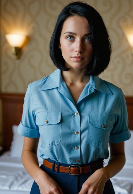 A spectacularly beautiful woman with black hair in a short bob, she has grey eyes, she chic perfect face, sexy pose, ((Wearing Mermaidcore Clothing)) perfect eyes, detailed eyes, detailed iris, realistic skin texture, ((absolute perfect tits, soft tits, natural tits)), low light, soft natural light, Rembrandt style light, Hasselblad DLSR camera, 200mm Zeiss lens, f/2.8is wearing a blue WAAF shirt and tie, in a hotel inthe French Rivierra