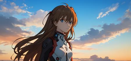 masterpiece, best quality,
evafinal, 1girl, solo, souryuu asuka langley, blue eyes, sky, long hair, cloud, brown hair,  looking at viewer, blue sky,cloud, sky, outdoors, sunset,<lora:evafinalmagic-000001:0.6>