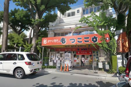 best quality, ultra-detailed, illustration,  
moccos, scenery, storefront, japan, scenery, ground vehicle, tree, outdoors, traffic cone, building, bicycle, vending machine, sky, day, road, plant, sign, utility pole, blue sky, power lines, real world location, street, car, window
 <lora:moccosu_SD15_V1_DIM4:1>