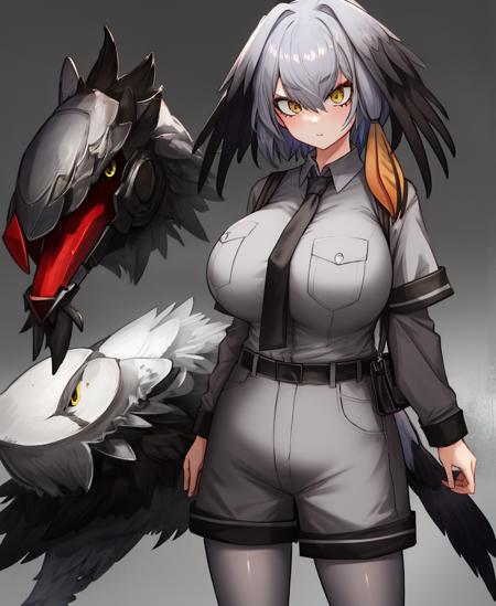 beautiful, masterpiece, best quality, 1girls, shoebill, huge breasts, collared shirt, grey hair, grey necktie, grey pantyhose, grey shirt, grey shorts, hair between eyes, head wings, highres, kemono friends, layered sleeves, <lora:my_LoRA_ShoebillKemonoFriends_v1:0.6>