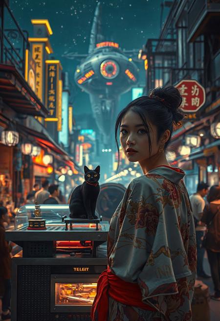 Setting is a futuristic cyberpunk street market at night, the market is comprised of street vendors selling robot parts, food, weapons, and robots.  (((((CLASSICALLY STYLIZED LIGHTING AND ARCHITECTURE FROM CHINA INDIA JAPAN FRANCE EGYPT ROME AND GREECE))))), People wearing futuristic cyberpunk clothing are walking through the street market shopping and eating, A sleek black cat with red collar sits on a cluttered metal riveted desk with transparent top and micro-LED lighted computer components visible inside, On the desk is an ebony and gold maneki neko statue and futuristic art deco lighting, (((a beautiful woman, 24 years old, is standing in the foreground FACING THE VIEWER, she has an expression of interested curiosity)))))), the sleek black cat with red collar is sitting on the desk and watching the people walking by in the busy street market, the woman is dressed in futuristic cyberpunk ECLECTIC style yukata with a low neck line alluring aesthetic. An enormous art deco inspired starship with futuristic lighting and an enormous space station are visible in the background among the stars, The woman's hair is elegantly tied up with a ribbon. Artistic cyberpunk, dynamic perspective, (((overall architectural aesthetic is Art Deco Cyberpunk))).  Epic image that elicits a feeling of wonder and awe,