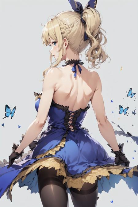 isuka_another_style_anothereden
from behind
blue dress, ponytail, hair ribbon, gloves, pantyhose, sidelocks, bare shoulders, bangs, blonde hair
halterneck, collarbone
 <lora:IsukaAnotherStyleModel:0.7>